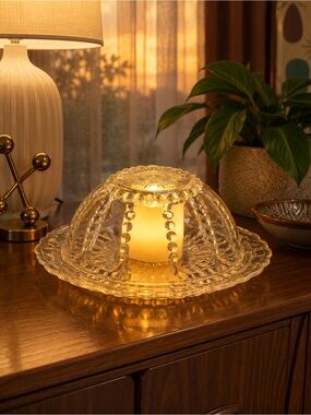 Vintage Atomic Pearl Clear Glass Bowl & Plate Fairy Lamp | Mid-Century Decor